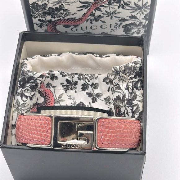 GUCCI Silver And Pink Snake Print Leather Bangle Cuff Bracelet - Picture 5 of 13